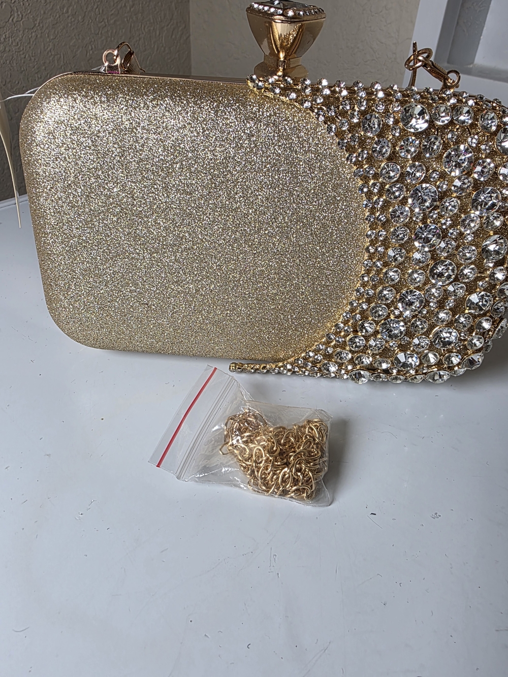 Gold Glitter and Crystal Evening Clutch